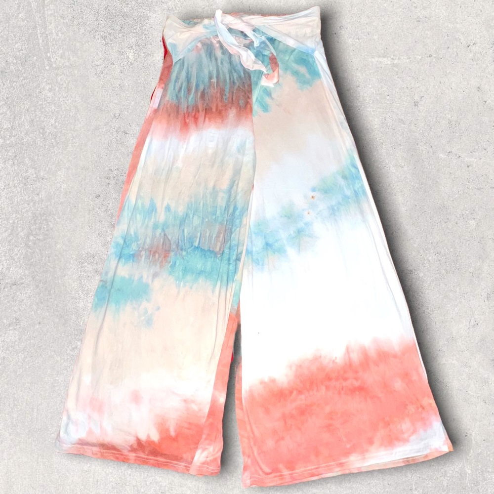 Wide Leg Tie-Dye Lounge Pants in Coral & Aqua